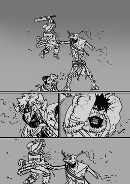 anthro armor battle blood bodily_fluids dialogue fight forest group hairy male melee_weapon muscular muscular_male plant snow sword text tree weapon wounded husky92 european_mythology greek_mythology mythology bovid bovine humanoid leshy mammal minotaur monster orc comic english_text hi_res monochrome multiple_scenes