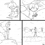 1:1 anthro bottomwear breasts clothed clothing comic crouching female front_view fully_clothed holding_object holding_stick lagomorph lake leporid mammal monochrome outside pants plant pointy_feet rabbit scut_tail shirt short_tail shrub side_view slypon solo standing stick tail topwear tree water wood