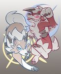 anthro blue_eyes brown_body brown_fur claws duo feral fingers fur hair pink_inner_ear red_body red_eyes red_fur spikes toe_claws tongue tongue_out tuft white_body white_fur white_hair hikazedragon nintendo pokemon canid generation_7_pokemon lycanroc mammal midday_lycanroc midnight_lycanroc pokemon_(species) 2016 hi_res signature