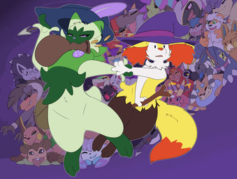 absolutely_everyone arrow_(weapon) bow_(weapon) clothing coin cuff_(restraint) feathers food fur green_body green_fur group handcuffs hat headgear headwear large_group metal_cuffs muffin open_mouth ranged_weapon restraints running thick_thighs wand weapon wide_hips yellow_body yellow_fur diorexity nintendo pokemon hymin_(hybrid-mind) ruzestrika thoshan braixen buizel canid canine chespin eelektross eeveelution emboar felid feline floragato fossil_pokemon generation_1_pokemon generation_2_pokemon generation_3_pokemon generation_4_pokemon generation_5_pokemon generation_6_pokemon generation_9_pokemon glaceon growlithe houndoom hydreigon mammal pawmi pikachu plusle pokemon_(species) purrloin raichu scolipede snivy typhlosion tyrantrum zebstrika zoroark hi_res
