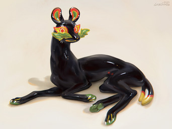 ambiguous_gender black_body black_ears feral green_inner_ear green_pawpads looking_at_viewer mouth_closed on_ground pawpads red_eyes red_inner_ear side_view solo yellow_inner_ear lostgoose 2023 dated hi_res signature