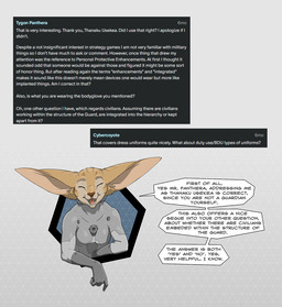anthro big_ears breasts clothing dialogue ears_flat eyebrows eyes_closed facing_forward female grey_background grey_clothing grey_suit happy long_ears looking_at_viewer open_mouth questions_and_answers raised_eyebrows simple_background skinsuit skintight_suit solo suit text tight_clothing ipoke neia_(ipoke) felid feline mammal si'itiae english_text