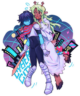 anthro blonde_hair blue_body blue_hair blue_skin clothing dress duo female freckles hair horn male melee_weapon sword text weapon white_clothing white_dress goomyloid deltarune undertale_(series) kris_dreemurr noelle_holiday deer human mammal new_world_deer reindeer 2025 absurd_res hi_res nonbinary_(lore)
