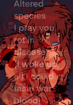 anthro blood blue_body blue_skin bodily_fluids breasts brown_body brown_fur female fur lyrics mastectomy_scar scar self-harm solo striped_body stripes text vent_art starrmutt femtanyl altayr aardwolf brown_hyena hyena mammal 2025 digital_media_(artwork) english_text hi_res nonbinary_(lore) trans_(lore)
