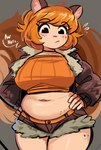 black_eyes bomber_jacket bottomwear clothed clothing female freckles grey_background hair hands_on_hips hotpants light_body light_skin midriff minishorts navel orange_hair shorts simple_background slightly_chubby slightly_chubby_female solo standing text topwear peargor marvel squirrel_girl_(marvel) animal_humanoid humanoid mammal mammal_humanoid rodent rodent_humanoid sciurid sciurid_humanoid tree_squirrel_humanoid 2025 absurd_res english_text hi_res portrait three-quarter_portrait