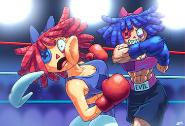 abs abstract_background accessory biceps big_breasts black_eyes blue_bra blue_clothing blue_hair blue_sports_bra blue_underwear bodily_fluids bow_ribbon boxing boxing_gloves boxing_shorts bra breasts button_(fastener) button_eyes cleavage clothed clothing curvy_figure doll duo eyeshadow female fighting_ring glistening glistening_arms glistening_body glistening_breasts glistening_skin hair hair_accessory hair_bow hair_ribbon handwear light-skinned_female light_body light_skin makeup medium_hair midriff mouthguard muscular muscular_arms muscular_female muscular_humanoid not_furry open_mouth patch_(fabric) punch purple_bra purple_clothing purple_eyeshadow purple_sports_bra purple_underwear rag_doll_(toy) red_hair ribbons seam_(sewing) sharp_teeth smile sport sports_bra stitch_(sewing) sweat sweatdrop teeth text underwear voluptuous voluptuous_female voluptuous_humanoid 4rm5strong glitch_productions the_amazing_digital_circus evil_ragatha_(tadc) ragatha_(tadc) animate_inanimate humanoid living_doll 2026 artist_name digital_drawing_(artwork) digital_media_(artwork) hi_res watermark
