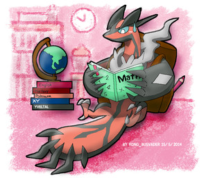 ambiguous_gender bag blue_eyes blush bodily_fluids book claws clock feral fur furniture globe holding_book holding_object horn looking_down pencil_(object) sitting solo stack sweat table toe_claws wings writing_utensil kong_busvader_(artist) nintendo pokemon avian generation_6_pokemon legendary_pokemon pokemon_(species) yveltal 2014