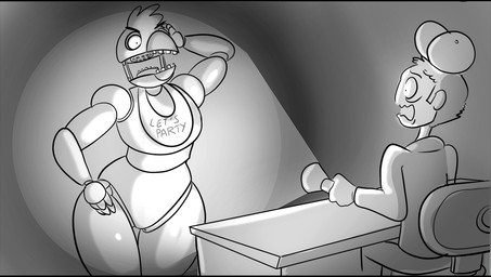 anthro bib dark duo female machine male nightmare_fuel scared scary thick_thighs wide_hips jaeh five_nights_at_freddy's five_nights_at_freddy's_2 scottgames jeremy_fitzgerald unwithered_chica_(fnaf) animatronic avian bird human mammal robot 2014 digital_media_(artwork) monochrome