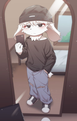 4_fingers anthro beanie blush clothed clothed_anthro clothed_male clothing fingers floppy_ears fur hair half-closed_eyes hand_in_pocket hat headgear headwear kemono long_ears lop_ears male male_anthro mirror mirror_selfie narrowed_eyes pockets selfie solo tail white_body white_fur white_hair young young_anthro young_male terry_fox lagomorph leporid mammal rabbit 2026 absurd_res digital_media_(artwork) full-length_portrait hi_res portrait