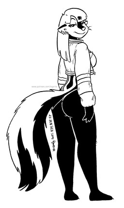 anthro bedroom_eyes bottomless bottomless_anthro bottomless_female breasts butt clothed clothing ear_piercing ear_ring female fluffy fluffy_tail fur hair looking_at_viewer looking_back looking_back_at_viewer narrowed_eyes piercing ring_piercing seductive solo tail whiskers tegerio zandar's_saga kelly_o'dor mammal mephitid skunk black_and_white hi_res monochrome