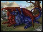 black_border border claws collar cuddling duo eyes_closed female feral grass horn male membrane_(anatomy) membranous_wings outside plant tail tree wings rinienne mythology dragon mythological_creature mythological_scalie scalie 2011