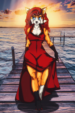 anthro breasts cleavage clothed clothing colored_nails digit_ring dress female finger_ring hair inner_ear_fluff jewelry nails pier red_hair smile solo text tuft 0l-fox-l0 caitlyn_(0l-fox-l0) canid canine fox mammal 2:3 absurd_res english_text hi_res