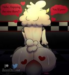 2024 absurd_res animatronic anthro artist_name beanontoast big_butt blush bovid breasts bubble_butt butt caprine curvy_figure detailed_background dialogue digital_drawing_(artwork) digital_media_(artwork) duo english_text facesitting female fluffy fluffy_tail glistening glistening_butt hair heart_symbol hearts_around_head hi_res huge_butt inside machine male male/female mammal multicolored_body nude patreon patreon_logo robot segmented_arms sha_(twf) sheep short_tail sitting_on_another tail tail_motion tailwag text the_walten_files twitter twitter_logo two_tone_body watermark white_body white_hair wide_hips yellow_body