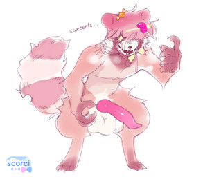 animal_genitalia animal_penis anthro balls big_balls big_penis big_tail candy candy_in_hair canine_genitalia canine_penis dessert food fur genitals hair hair_over_eye lollipop male male_anthro nude_anthro penis pink_body pink_fur pink_penis solo standing tail text scorci truffle_(dueggydoodle) canid canine mammal raccoon_dog 2025 english_text hi_res sketch