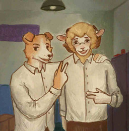 anthro arm_around_partner arm_around_shoulders bottomwear clothing duo ears_down eyewear fur furniture gesture glasses hand_gesture horn inside looking_at_viewer male male/male open_mouth pants pivoted_ears shirt smile smiling_at_viewer teeth teeth_showing topwear v_sign wardrobe wearing_glasses white_clothing white_shirt white_topwear wool_(fur) reynard_goodfellow ashley_(reynard_goodfellow) reynard_the_baa bovid canid canine canis caprine domestic_dog mammal sheep