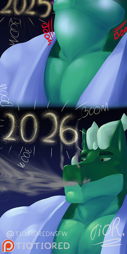 anthro beach big_muscles big_pecs biped blue_tongue bulge detailed_bulge fireworks green_body holidays horn macro macro_anthro male muscular muscular_anthro muscular_male neck_muscles pecs show sky teeth thick_neck tongue yellow_eyes tiotiored mythology new_year new_year_2026 victor_(tiotiored) dragon mammal mythological_creature mythological_scalie scalie absurd_res comic hi_res long_image tall_image