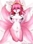 alternate_species anthro biped breasts clothed clothing clothing_lift female fur furrification genitals hair innie_pussy long_hair looking_at_viewer medium_breasts multi_tail nipples nude pink_body pink_fur pink_hair pink_nose pose presenting presenting_breasts purple_hair pussy simple_background sitting smile solo tail text topwear tuft white_background white_body white_fur likunea genshin_impact mihoyo yae_miko canid canine fox mammal absurd_res digital_media_(artwork) hi_res url