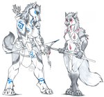 anthro arrows bottomwear bow_(weapon) breasts clothed clothing duo feathers female knife loincloth lupis melee_weapon muscular muscular_female nipples paint polearm primal primitive ranged_weapon spear topless tribal weapon thehuntingwolf canid canine canis fox mammal wolf absurd_res hi_res