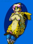 anthro bottomwear bottomwear_down breasts cheetah chromer_exe clothed clothing emilly_(chromer_exe) felid feline female genitals hi_res mammal nipples pink_nipples pussy raised_clothing raised_topwear solo topwear