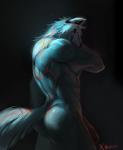 abs anthro back_muscles biceps big_penis biped black_nose blue_body blue_eyes blue_fur butt fluffy fluffy_tail fur genitals half-erect looking_at_viewer male markings muscular muscular_anthro muscular_male nude pecs penis raised_arm solo standing tail tongue tongue_out white_body white_fur xuan_sirius randolph_(xuan_sirius) canid canine canis mammal wolf 2015