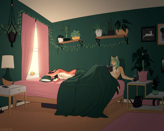 anthro bed bed_frame bed_sheet bedding bedroom bedside_table beverage box breasts casual_nudity coffee container cup detailed_background duo electronics female furniture furniture_lamp hair hanging_plant inside lamp light lying nipples nude on_side phone phone_charger picture_frame piercing pillow plant plant_pot potted_plant power_strip reading shelf steam sunlight tail vines watering_can window yoga_mat glopossum mythology beruca_(glopossum) red_(glopossum) canid canine canis domestic_dog dragon mammal mythological_creature mythological_scalie scalie shiba_inu spitz 2022 5:4 trans_(lore) trans_woman_(lore)