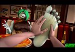 3d_(artwork) absurd_res ambiguous_gender anthro black_border border caryll_(chappey) celdwyn_(artist) claws clothed clothing colored_claws digital_media_(artwork) diner feet feet_on_table female first_person_view food foot_fetish foot_focus foot_rub hi_res human humanoid humanoid_feet lizard mammal petruz_(copyright) pizza plantigrade reptile restaurant scalie source_filmmaker watermark
