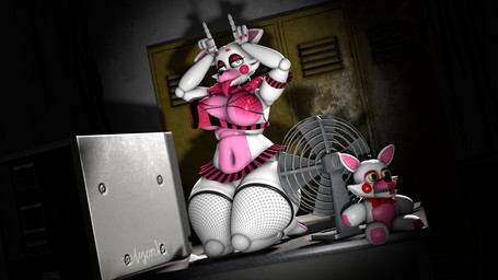 4_fingers absolute_territory anthro areola big_areola big_breasts bottomwear bow_tie bra breasts clothing colored_nails dutch_angle electric_fan female fingers fishnet_bra fishnet_clothing fishnet_legwear fishnet_thigh_highs fishnet_underwear furniture glistening glistening_body glowing glowing_eyes huge_areola inside kneeling legwear looking_at_viewer machine microskirt miniskirt nails nipple_dip nipples on_table pattern_bottomwear pattern_clothing pattern_shirt pattern_skirt pattern_topwear pink_bow_tie pink_eyelids pink_nails plushie pose red_areola red_nipples shirt skirt solo striped_bottomwear striped_clothing striped_shirt striped_skirt striped_topwear stripes table thick_thighs thigh_highs tongue tongue_out topwear underwear white_body wide_hipped_anthro wide_hipped_female wide_hips yellow_eyes zelyonka mishuyuu_(modeler) five_nights_at_freddy's five_nights_at_freddy's_2 scottgames mangle_(fnaf) animatronic canid canine fox mammal robot robot_anthro 16:9 3d_(artwork) 4k absurd_res digital_media_(artwork) full-length_portrait hi_res pinup portrait source_filmmaker_(artwork) watermark widescreen