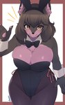 5:8 absurd_res amber_eyes anthro arumo bar_emanata big_breasts biped black_body black_fur black_hair black_nose border bow_(feature) bow_in_front bow_tie breasts bunny_costume canid canine canis chest_tuft cleavage clothed clothing costume emanata exy fake_ears fake_rabbit_ears female fur gesture hair hi_res inner_ear_fluff kemono legwear leotard long_hair mammal pantyhose pawpads red_border shirt_collar shirt_cuffs solo tuft vtuber waving wolf