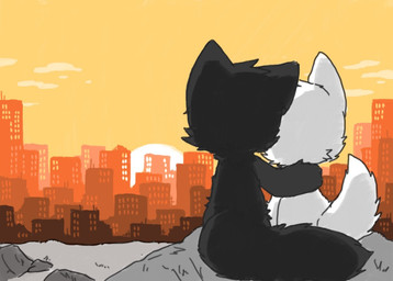 anthro black_body black_fur black_tail city daww duo fur hair male male/male male_anthro romantic simple_background sunset tail textured_background white_body white_fur white_tail young young_anthro chano changed_(video_game) lin_(changed) puro_(changed) canid canine canis goo_creature mammal monster wolf 2018 digital_media_(artwork)