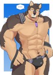 abs anthro brown_body brown_fur bulge clothed clothing ellipsis fur jewelry male muscular muscular_anthro muscular_male navel necklace pecs skimpy solo speedo swimwear n0dakan lifewonders live_a_hero pubraseer canid canine canis domestic_dog mammal absurd_res hi_res