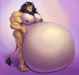 anthro belly big_belly big_muscles big_pecs huge_belly huge_muscles huge_pecs hyper hyper_belly hyper_muscles hyper_pecs male male_pred muscular muscular_anthro muscular_male nipples pecs solo tail tail_tuft tan_body tuft vore yellow_body mariamame felid lion mammal pantherine hi_res