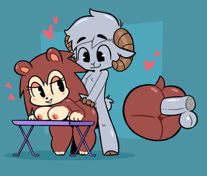 anthro anthro_on_anthro anthro_penetrated anthro_penetrating anthro_penetrating_anthro areola bent_over breasts chibi duo eyelashes female female_penetrated freckles from_behind_position fur grey_body grey_fur happy happy_sex heart_symbol horn male male/female male_penetrating male_penetrating_female nipples penetration penile penile_penetration penis_in_vagina rear_view sex short_tail smile tail thick_thighs vaginal vaginal_penetration yopy animal_crossing nintendo sable_able bovid caprine eulipotyphlan goat hedgehog mammal 2025 hi_res