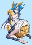 5_toes barefoot blue_body blue_eyes blue_hair blue_scales breasts butt feet female glistening glistening_body glistening_hair glistening_scales hair humanoid_pointy_ears looking_at_viewer scales smile solo tail tail_hug toes yellow_body yellow_scales virusotaku monster_musume_no_oisha-san mythology skadi_dragenfelt animal_humanoid dragon dragon_humanoid humanoid mythological_creature mythological_scalie scalie absurd_res hi_res