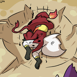 ambiguous_gender anthro clothed clothing fur hat headgear headwear leg_markings markings on_ground socks_(marking) tail white_body lennoxicon palworld pocketpair yamcha_death_pose canid canine fox katress mammal pal_(species) wixen 1:1 aliasing binary_drawing digital_drawing_(artwork) digital_media_(artwork)