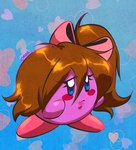 accessory bangs blue_background blue_eyes bow_ribbon brown_hair cheek_spots eyelashes featureless_feet featureless_hands feet female hair hair_accessory hair_bow hair_ribbon heart_symbol light long_hair mouth_closed noseless pink_bow pink_feet ponytail purple_body purple_skin ribbons side_ponytail simple_background solo standing cageyshick05_(artist) kirby_(series) nintendo fan_character hirby_(cageyshick05) alien waddling_head 2023 colored digital_drawing_(artwork) digital_media_(artwork) english_description full-length_portrait lighting portrait shaded signature