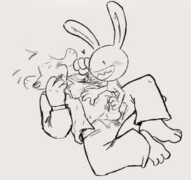 anthro belly_rub big_bottom blush bodily_fluids clothed clothing covering covering_face drooling duo flustered genital_fluids long_ears male male/male masturbation nude precum saliva sharp_teeth size_difference smile smiling_at_another smiling_at_partner stroking_cock stroking_penis sweat teeth forestesme sam_and_max max_(sam_and_max) samuel_dog canid canine canis domestic_dog lagomorph leporid mammal rabbit 2025 hi_res monochrome