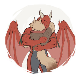 2_horns ambiguous_gender anthro biped blue_bottomwear blue_clothing blue_pants bottomwear claws closed_smile clothed clothed_ambiguous clothed_anthro clothing eyes_closed front_view fully_clothed fully_clothed_ambiguous fully_clothed_anthro fur green_clothing green_shirt green_topwear head_horn horn hug hugging_another membrane_(anatomy) membranous_wings monotone_body mouth_closed pants pointy_ears rear_view red_body red_clothing red_membrane red_shirt red_topwear red_wings shirt simple_background smile snout solo tail tan_background tan_body tan_fur teeth topwear white_background wing_claws wings kingarthur_i mythology arkees astrum_(zankies87) canid dragon mammal mythological_creature mythological_scalie scalie 2024 aliasing binary_drawing digital_drawing_(artwork) digital_media_(artwork) portrait three-quarter_portrait male_(lore)