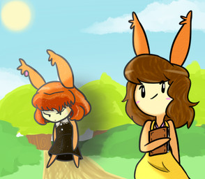 anthro bangs beady_eyes bent_arm black_clothing black_dress black_eyes blue_sky book brown_hair button_(fastener) closed_smile clothed clothed_anthro clothed_female clothing cloud day dress duo ear_piercing ear_tuft featureless_limbs female female_anthro forest forest_background fur furrowed_eyebrows hair holding_book holding_object light long_ears medium_hair mouth_closed multicolored_body multicolored_fur nature nature_background noseless path piercing plant red_hair shrub sky smile standing sun tan_body tan_fur tree tuft two_tone_body two_tone_fur yellow_clothing yellow_dress cookieboy011 drawn_to_life circi_(drawn_to_life) mari_(drawn_to_life) canid canine mammal raposa 2018 colored digital_drawing_(artwork) digital_media_(artwork) english_description lighting shaded