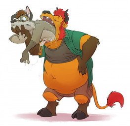 anthro belly big_belly bodily_fluids brown_hair duo fur grey_body grey_fur hair horn male male_pred male_prey open_mouth oral_vore orange_body orange_fur red_hair saliva same_size_vore tongue tongue_out vore nickwolf bovid bovine canid canine canis cattle felid hybrid lion mammal pantherine wolf hi_res