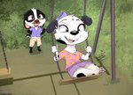 anthro blue_eyes bottomwear brown_eyes canid canine canis clothed clothing daww domestic_dog duo female fully_clothed furniture happy hi_res male mammal peppercake skirt smile sofa swinging swingset young young_anthro