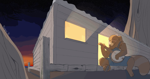anthro banjo_(instrument) brown_body brown_fur clothing doorway fur male musical_instrument overalls playing_music plucked_string_instrument porch solo string_instrument window puertero tanner_tyrfred canid canine mammal raccoon_dog tanuki animated hi_res