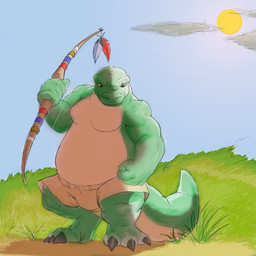 anthro bottomwear bow_(weapon) claws clothing cloud day feathers grass green_body male musclegut muscular outside plant ranged_weapon shorts smile solo standing sun tail tan_body weapon pandottermon alligator alligatorid crocodilian reptile scalie colored