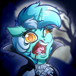 blood bodily_fluids clothed clothing full_moon hair holidays horn looking_at_viewer moon multicolored_hair open_mouth solo witchtaunter friendship_is_magic halloween hasbro my_little_pony mythology lyra_heartstrings_(mlp) equid equine mammal mythological_creature mythological_equine unicorn vampire 1:1 2019 absurd_res hi_res portrait