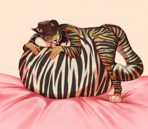 3_toes 5_fingers anthro belly big_belly black_nose blue_eyes breasts clothing dipstick_ears ear_markings feet female fingerless_(marking) fingers fur hair hat hat_only headgear headgear_only headwear headwear_only huge_belly markings mostly_nude multicolored_body multicolored_ears multicolored_fur multicolored_hair orange_body orange_fur pink_tongue simple_background stripes tail tan_background toeless_(marking) toes tongue tongue_out vore lomka775 fan_character felid mammal pantherine tiger shaded