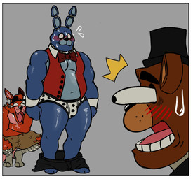 anthro assisted_exposure black_seam_briefs blue_body blue_fur blush bodily_fluids border bottomwear bottomwear_down bow_tie briefs bulge clothed clothing crying_laughing eye_patch eyes_popping_out eyewear fur grey_background group hat headgear headwear laugh machine male moobs musclegut muscular navel pants pants_down pantsing partially_clothed pattern_briefs red_body red_fur simple_background surprised tears top_hat trio underwear white_border white_briefs white_clothing white_underwear nawus five_nights_at_freddy's scottgames bonnie_(fnaf) foxy_(fnaf) freddy_(fnaf) animatronic bear canid canine fox lagomorph leporid mammal rabbit robot hi_res meme