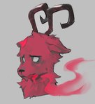 ambiguous_gender anthro curled_horn exhaling_smoke fur grey_background holidays horn red_body red_fur simple_background smoke solo white_eyes ramssa christmas don't_starve klei_entertainment wortox bovid caprine goat mammal bust_portrait portrait male_(lore)