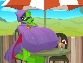 beverage big_breasts black_eyes blue_mask blue_sky breasts cape chair clothing cloud eyelashes female fence furniture green_body green_hair hair hood huge_breasts hyper hyper_breasts leaf leaf_arms leaf_hair looking_at_viewer nipple_outline not_furry outside plant plant_hair pseudo_hair purple_cape purple_clothing purple_hood purple_sweater purple_topwear siphon_(anatomy) sky solo superhero sweater table three-quarter_view tight_clothing topwear tree umbrella yellow_sclera fromariels electronic_arts plants_vs._zombies plants_vs._zombies_heroes popcap_games green_shadow elemental_creature elemental_humanoid flora_fauna humanoid peashooter_(pvz) plant_humanoid 2025 absurd_res colored digital_media_(artwork) hi_res shaded