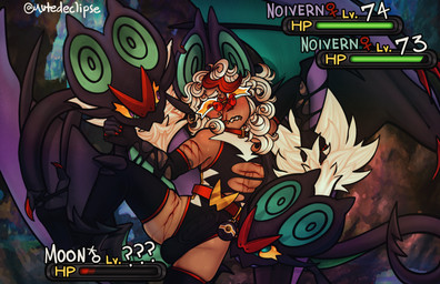 2_toes attacked belt blood blue_eyes blush bodily_fluids breasts bulge claws clothing collar curious curly_hair detailed_bulge distressed eyelashes eyewear facial_piercing feet female fingerless_gloves gameplay_mechanics genitals glasses gloves group gui gynomorph hair handwear health_bar intersex legwear leotard lesbian_nails lipstick long_tail makeup male mane mid_transformation penis piercing pokeball purple_eyes questionable_consent red_eyes scales small_breasts small_tail spiked_penis spikes spikes_(anatomy) stockings sweat tail tan_body tan_skin toe_claws toes torn_clothing torn_gloves torn_handwear torn_legwear torn_stockings trio white_eyelashes white_hair white_mane winged_arms wings wound_on_arm wound_on_chest wound_on_face wound_on_thigh mutedeclipse nintendo pokemon fan_character pokemon_trainer generation_6_pokemon humanoid noivern pokemon_(species) pokemon_humanoid hi_res nonbinary_(lore)