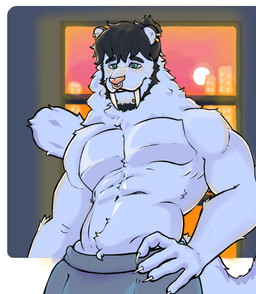 abs anthro biceps claws fur hand_on_hip long_tail male multiple_piercings muscular pecs piercing shirtless shirtless_male solo standing tail tusks white_body white_fur fluffwuf digital_media_(artwork) hi_res