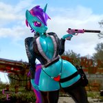 1:1 3d_(artwork) absurd_res anthro big_breasts breasts chaoticelite cleavage clothed clothing digital_media_(artwork) equid equine fallout fallout_equestria fan_character female friendship_is_magic fuchsia gun handgun hasbro heart_symbol hi_res holster horn jacket jumpsuit leggings legwear lingerie mammal microsoft my_little_pony mythological_creature mythological_equine mythology partially_clothed pistol ranged_weapon silencer solo topwear unicorn vault_suit weapon wide_hips